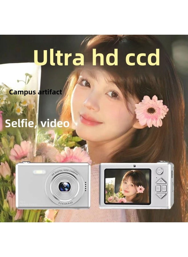 Generic Dual-camera HD Pixel Ccd Digital Camera Self-timer Vlog Small Card Machine Student Campus Introduction To Mobile Phone-Body Color: Xx*6 Crystal Silver - Camera + 128g Memory/can Take 20k Photos + 600 Videos  - Image 5