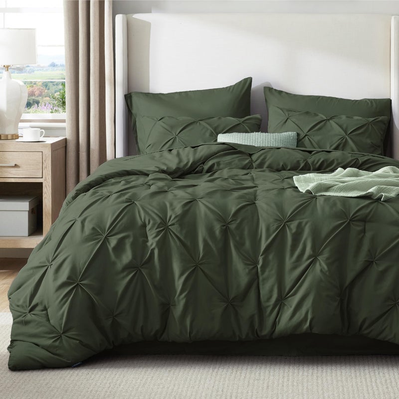 Bedsure Full Comforter Set Olive Green - Bed in a Bag Full Size Bedding Set 7 Pieces, GentleSoftâ„¢ Pintuck Bed Set Gift for Family, Pinch Pleat All Season Comforter with Sheets, Pillowcases & Shams - Image 3