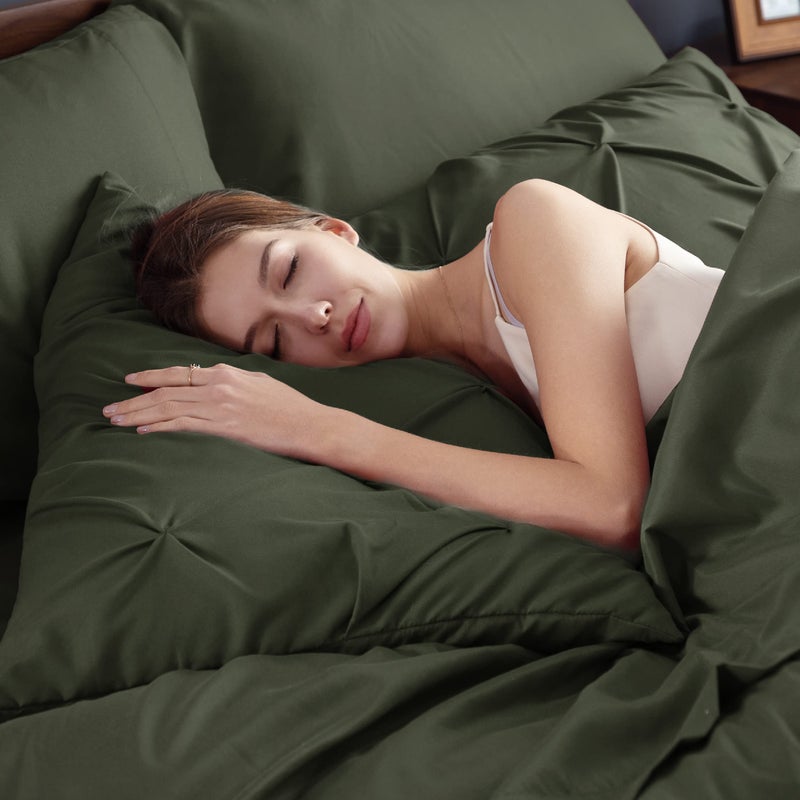 Bedsure Full Comforter Set Olive Green - Bed in a Bag Full Size Bedding Set 7 Pieces, GentleSoftâ„¢ Pintuck Bed Set Gift for Family, Pinch Pleat All Season Comforter with Sheets, Pillowcases & Shams - Image 2