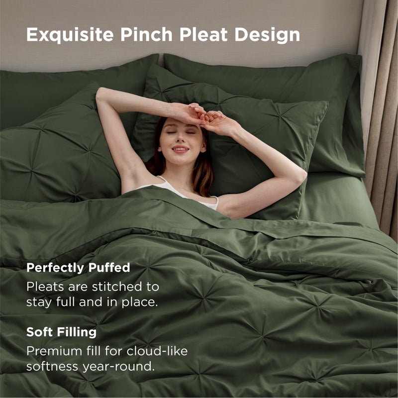 Bedsure Full Comforter Set Olive Green - Bed in a Bag Full Size Bedding Set 7 Pieces, GentleSoftâ„¢ Pintuck Bed Set Gift for Family, Pinch Pleat All Season Comforter with Sheets, Pillowcases & Shams - Image 4