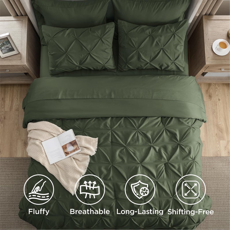 Bedsure Full Comforter Set Olive Green - Bed in a Bag Full Size Bedding Set 7 Pieces, GentleSoftâ„¢ Pintuck Bed Set Gift for Family, Pinch Pleat All Season Comforter with Sheets, Pillowcases & Shams - Image 5