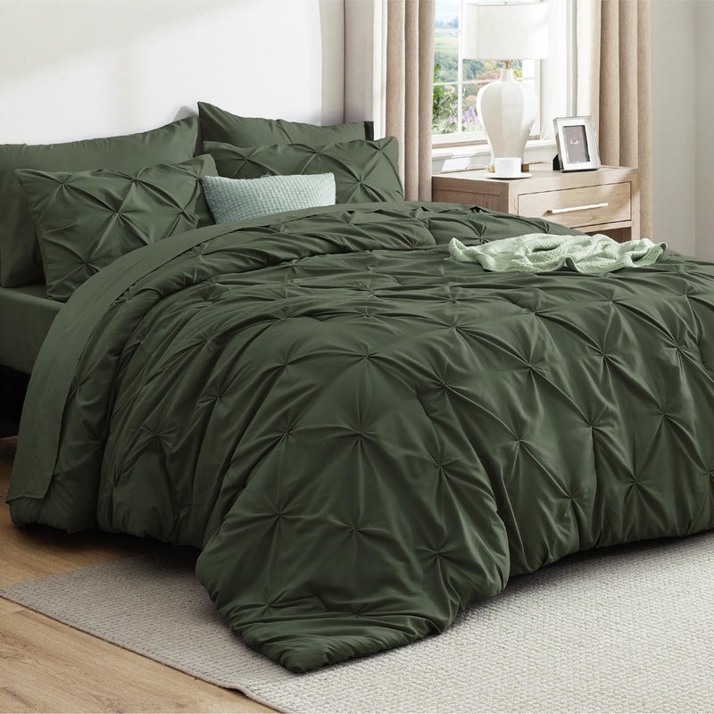 Bedsure Full Comforter Set Olive Green - Bed in a Bag Full Size Bedding Set 7 Pieces, GentleSoftâ„¢ Pintuck Bed Set Gift for Family, Pinch Pleat All Season Comforter with Sheets, Pillowcases & Shams - Image 1