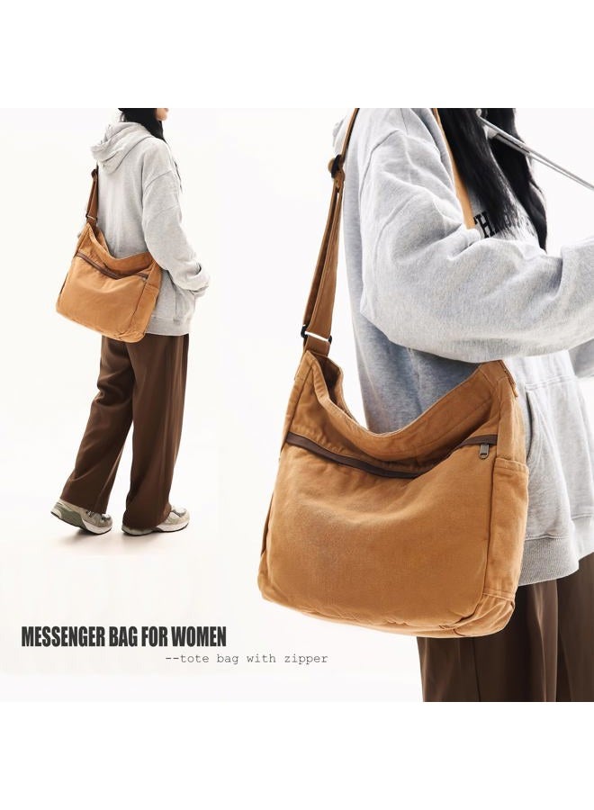 DAINAOTM Canvas Hobo Crossbody Shoulder Tote Bag for Women and Men Large Purse Messenger Bag Travel Work Shopping, 1-brown, Large - Image 3