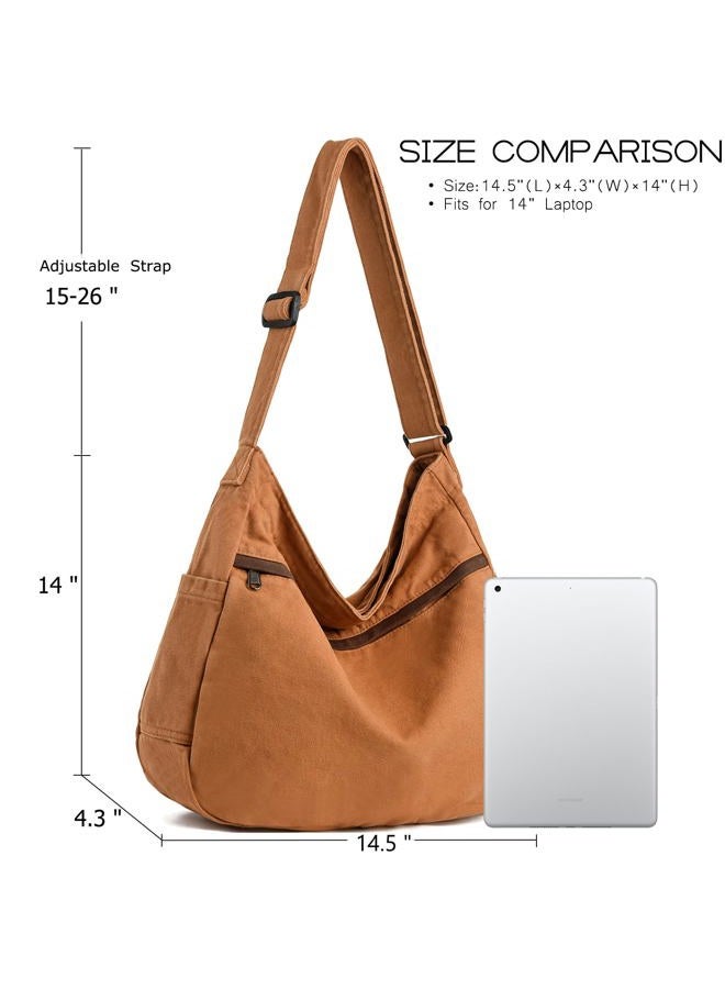 DAINAOTM Canvas Hobo Crossbody Shoulder Tote Bag for Women and Men Large Purse Messenger Bag Travel Work Shopping, 1-brown, Large - Image 4