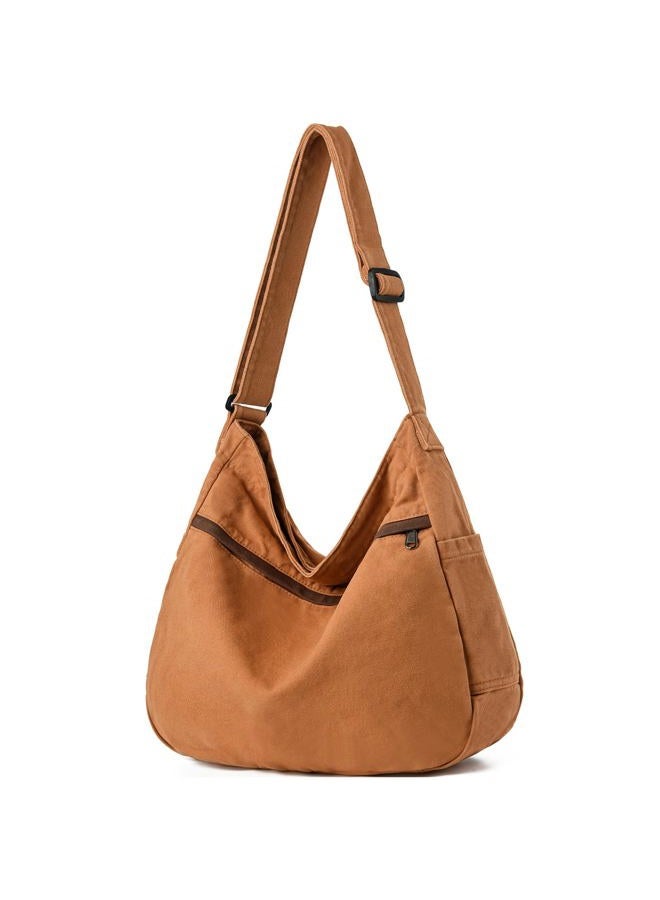 DAINAOTM Canvas Hobo Crossbody Shoulder Tote Bag for Women and Men Large Purse Messenger Bag Travel Work Shopping, 1-brown, Large - Image 1