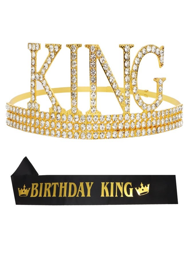 Heliltd 2pcs Birthday King Crown and Sash Set Gold Crown and Ribbon for Men Birthday Party Accessories - Image 1