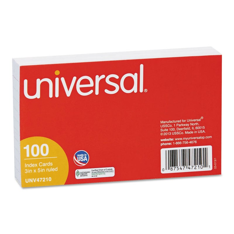 Universal 47210 Ruled Index Cards 3 x 5 White 100Pack