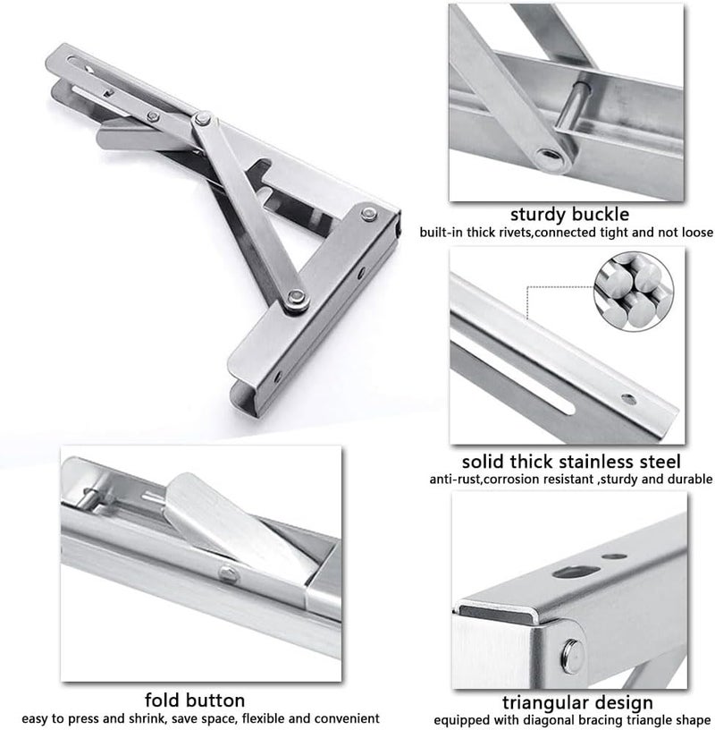 20 Inch Folding Shelf Brackets 2pcs, Max Load 300 lb, Heavy Duty Stainless Steel Collapsible Wall Mounted Shelf Brackets for DIY Table Work Bench, Space Saving DIY Bracket - Image 3