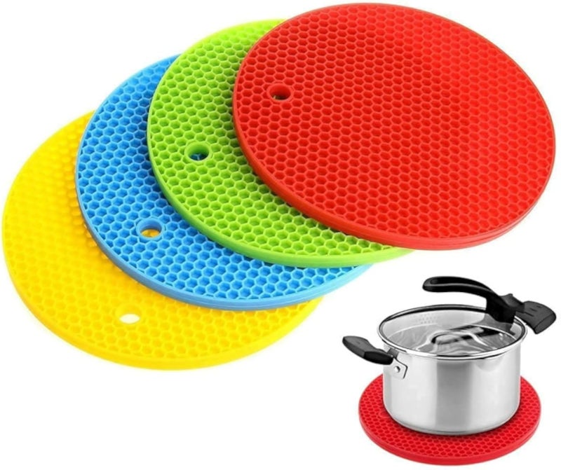 Multipurpose Silicon Round Hot Mat Pot Holders for Kitchen and Dining/Hot Plate Stand/Heat Resistant Coasters Dinning Table Mat (Set of 4, Multicolor)