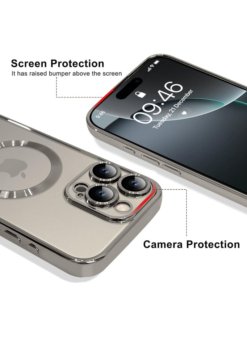 جراب مغناطيسي ناعم لهاتف iPhone 16 Pro Max مقاس 6.9 بوصة، حماية كاملة لعدسة الكاميرا، متوافق مع الشحن اللاسلكي MagSafe، غطاء هاتف من مادة TPU المطلية بالكهرباء المقاومة للصدمات - تيتانيوم طبيعي - Image 2