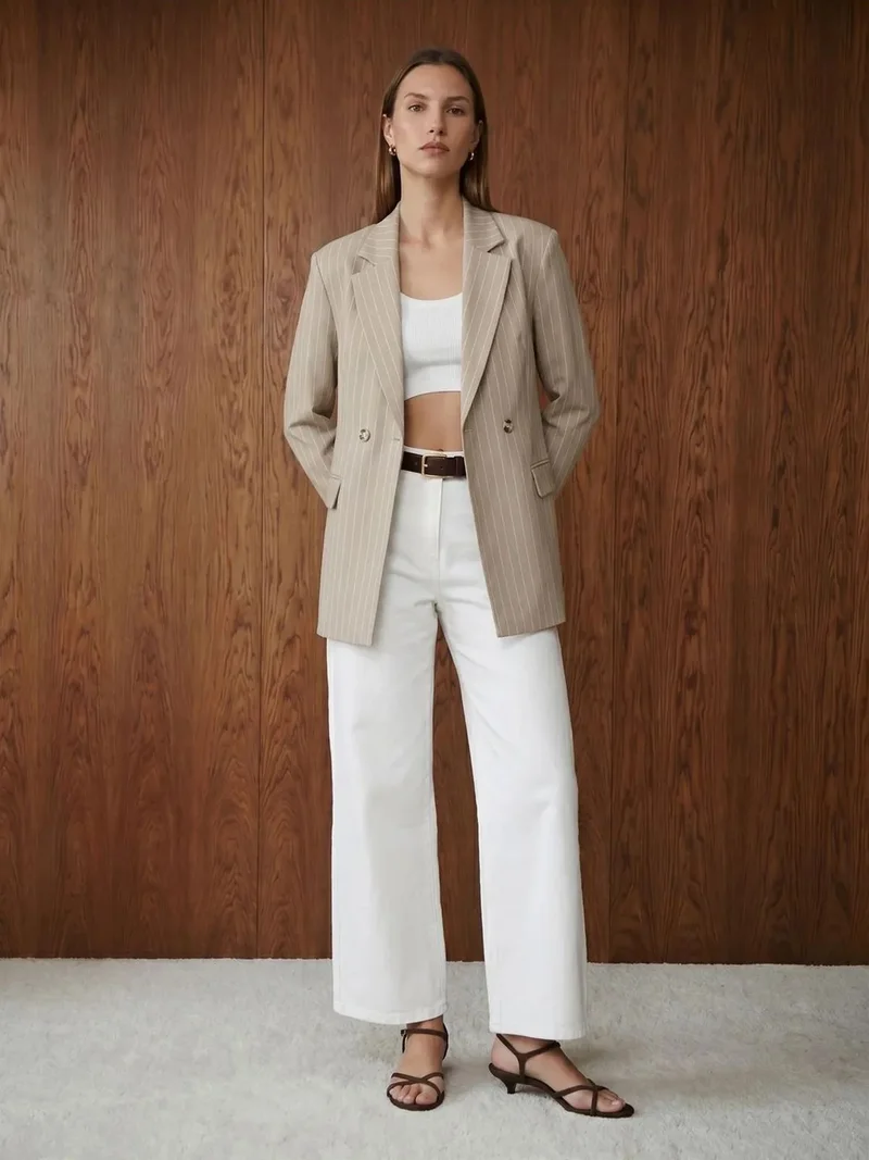 Dilvin Dilvin High-Waist Striped Capri Wide-Leg Trousers