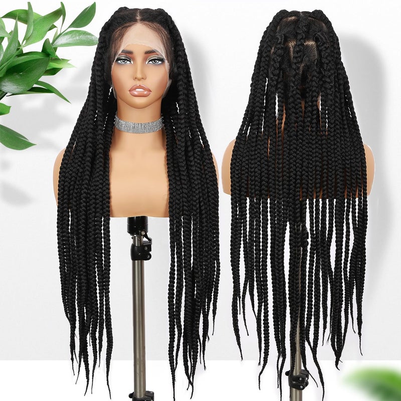 Fancy Hair باروكات ضفائر كبيرة كاملة من الدانتيل للشعر الفاخر للنساء السود (أسود، 32) - Image 3