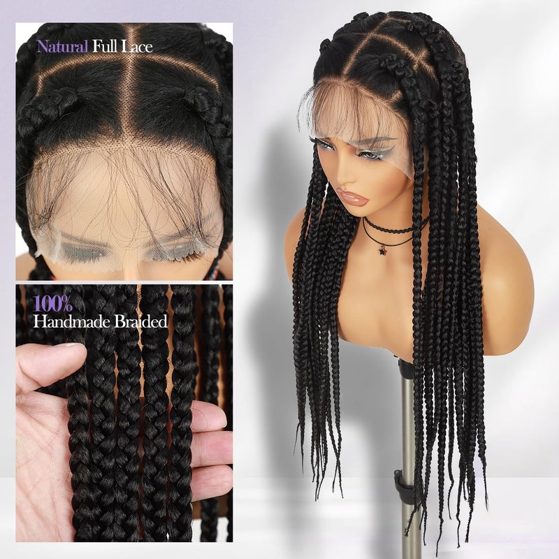 Fancy Hair باروكات ضفائر كبيرة كاملة من الدانتيل للشعر الفاخر للنساء السود (أسود، 32) - Image 5