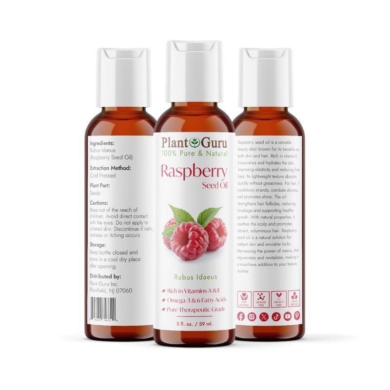 Plant Guru Red Raspberry Seed Oil 2 fl. oz. Cold Pressed Unrefined 100% Pure & Natural Carrier â€“ Ideal for Skin, Face, Body, and Hair Moisturizer. Great for DIY Soap, Creams, Lotions, and Lip Balms. - Image 2
