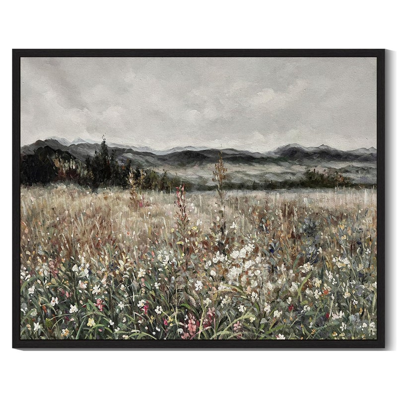 SHENIFY Vintage Landscape Framed Wall Art Meadow Flowers Farmhouse Decor Retro Classic Painting for Kitchen Living Room Bedroom Bathroom - 8x10in Black Framed - Image 1
