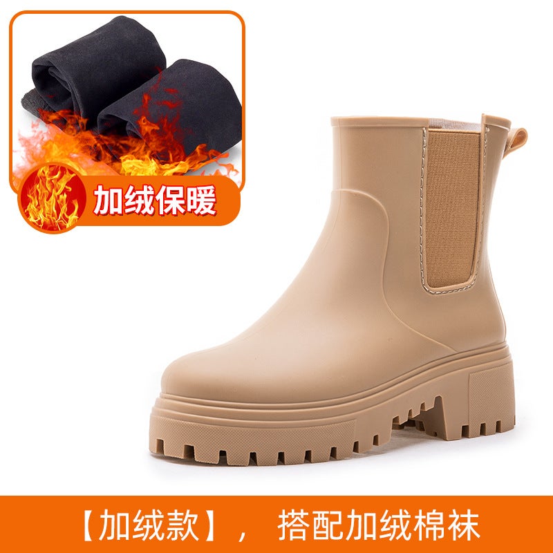 2024 Stylish Versatile Womens Waterproof Rain Boots with Thick Sole and Warm Lining for All Seasons khakis [socks]] 