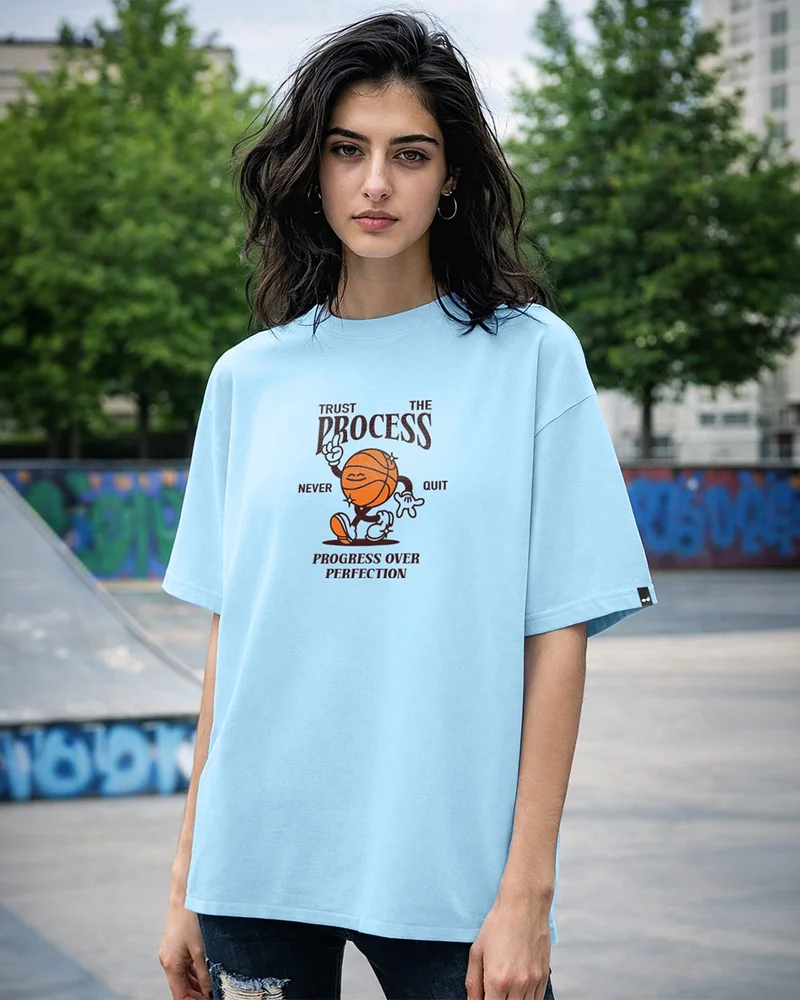 بيواكوف Women's Clear Sky Blue Process Graphic Printed Oversized T-shirt