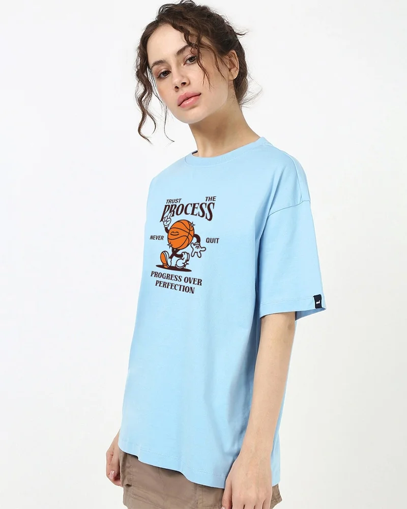 بيواكوف Women's Clear Sky Blue Process Graphic Printed Oversized T-shirt