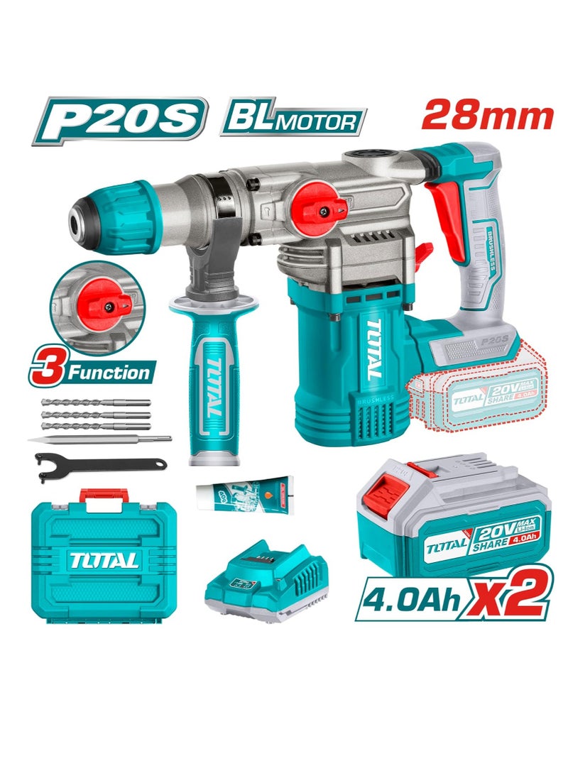 TOTAL Super Total Lithium-Ion Cordless Rotary Hammer Drill Machine 20V with Brushless Motor, SDS Plus Chuck, 4.5J Impact Energy, LED Work Light & Accessories – Ideal for Concrete, Steel & Wood  - Image 1