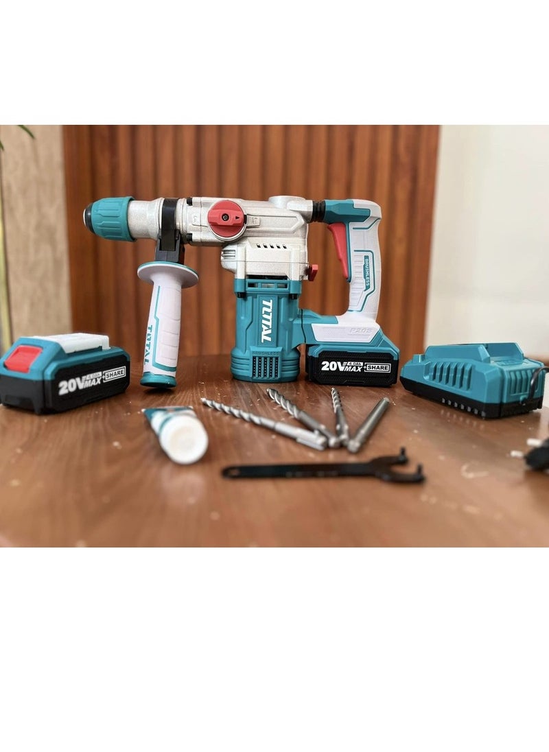TOTAL Super Total Lithium-Ion Cordless Rotary Hammer Drill Machine 20V with Brushless Motor, SDS Plus Chuck, 4.5J Impact Energy, LED Work Light & Accessories – Ideal for Concrete, Steel & Wood  - Image 4
