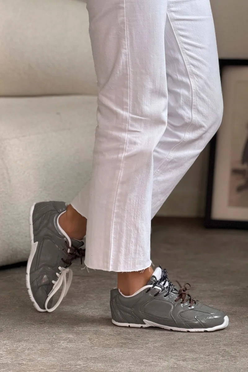 Nişantaşı Shoes Fabian Gray Matte Flat Sole Women's Lace-Up Sports Shoes