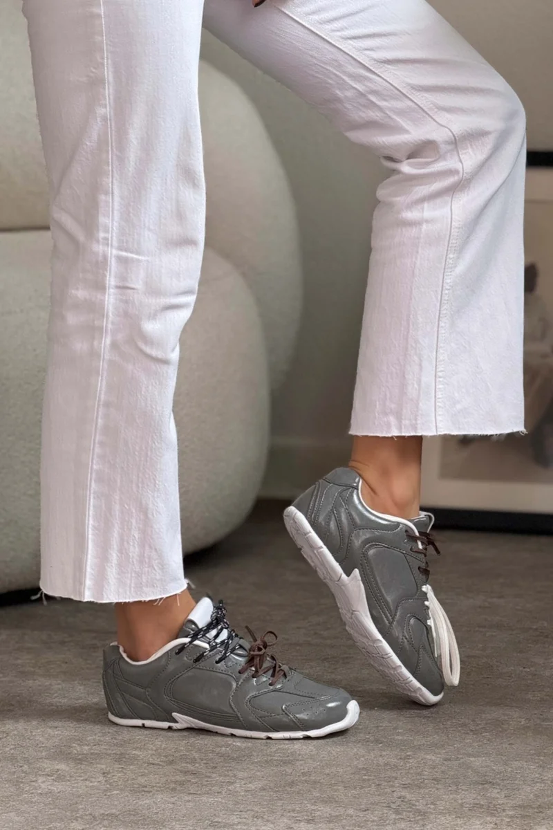 Nişantaşı Shoes Fabian Gray Matte Flat Sole Women's Lace-Up Sports Shoes