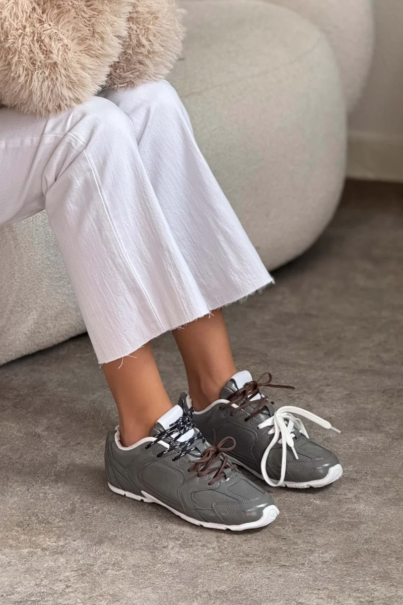 Nişantaşı Shoes Fabian Gray Matte Flat Sole Women's Lace-Up Sports Shoes