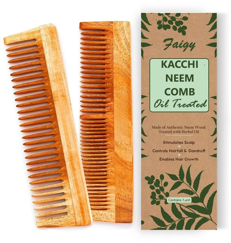Faigy Pack of 2 Kacchi Neem Comb - Soaked In 17 Herbs, Neem & Sesame Oil For Multi-Actions - Detangling, Frizz Control & Shine,Suited For All Hair Types (Fine Teeth Comb + Lilly Comb) - Image 1