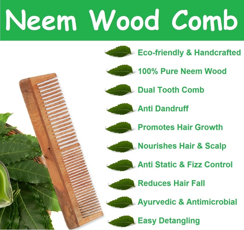 Faigy Pack of 2 Kacchi Neem Comb - Soaked In 17 Herbs, Neem & Sesame Oil For Multi-Actions - Detangling, Frizz Control & Shine,Suited For All Hair Types (Fine Teeth Comb + Lilly Comb) - Image 2