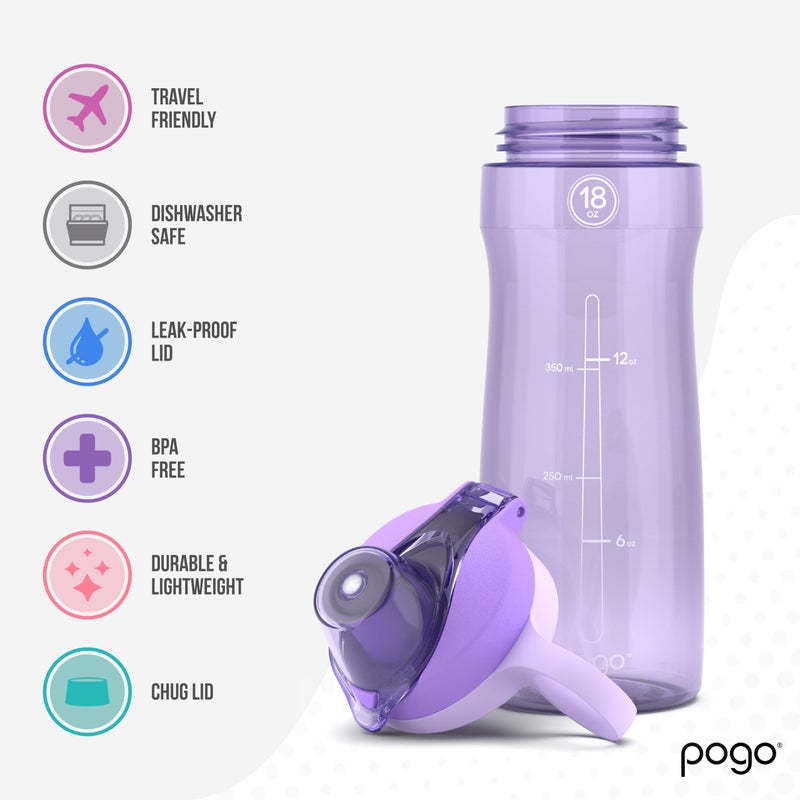 Pogo 18oz Plastic Water Bottle with Chug Lid and Carry Handle, Reusable, BPA Free, Dishwasher Safe, Perfect for Travel, School, Outdoors, and Gym, Lilac - Image 2