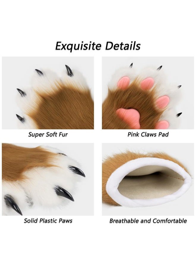 hbbhml Faux Fur Plush Furry Cat Claw Gloves Fursuit Animal Fox Paws Mittens Halloween Cosplay Costume Accessories for Adult - Image 4