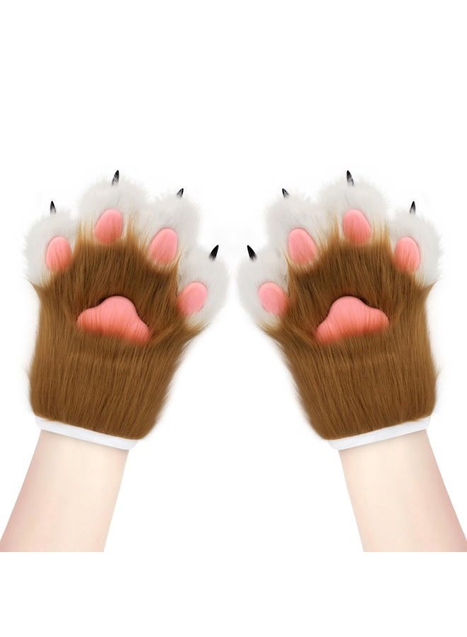hbbhml Faux Fur Plush Furry Cat Claw Gloves Fursuit Animal Fox Paws Mittens Halloween Cosplay Costume Accessories for Adult - Image 2