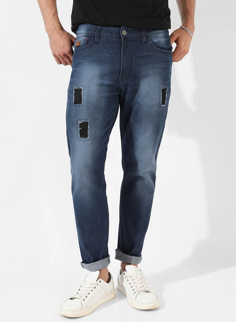 Campus Sutra Men's Navy Blue Torn Denim Jeans For Casual Wear | Dark-Wash | Regular Fit | Button Closure | Cotton Denim Jeans Crafted With Comfort Fit For Everyday Wear