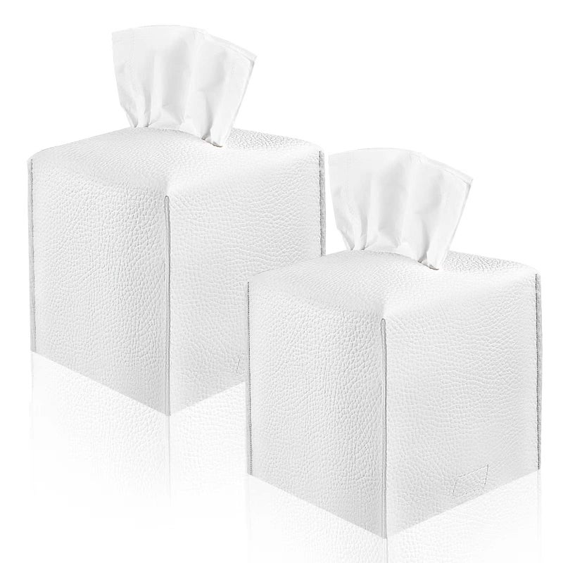 VIVIDLY 2 Pack VIVIDLY Tissue Box Cover Holder Square Modern PU Leather Tissue Box Holder Can be Used for Bathroom Dressing Table Bedside Table Office Desk  Car 5X5X5 White 2