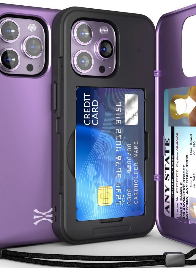TORU CX SLIM for iPhone 14 Pro Case Wallet | Protective Shockproof Heavy Duty Cover with Hidden Card Holder & Card Slot | Mirror & Wrist Strap Included - Purple - Image 1