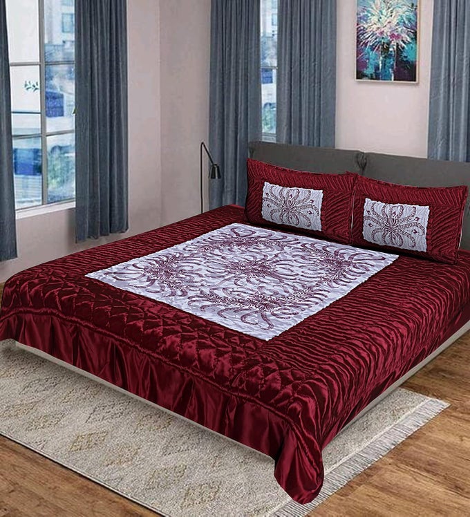 210TC MAROON JAIPURI SATIN VIP WARM BEDSHEET SATIN SILK WEDDING BEDSHEET SET OF 3 PCS 1 DOUBLE BED BEDSHEET 2 PILLOW COVER KING SIZE BEDSHEET DOUBLE KING SIZE MAROON