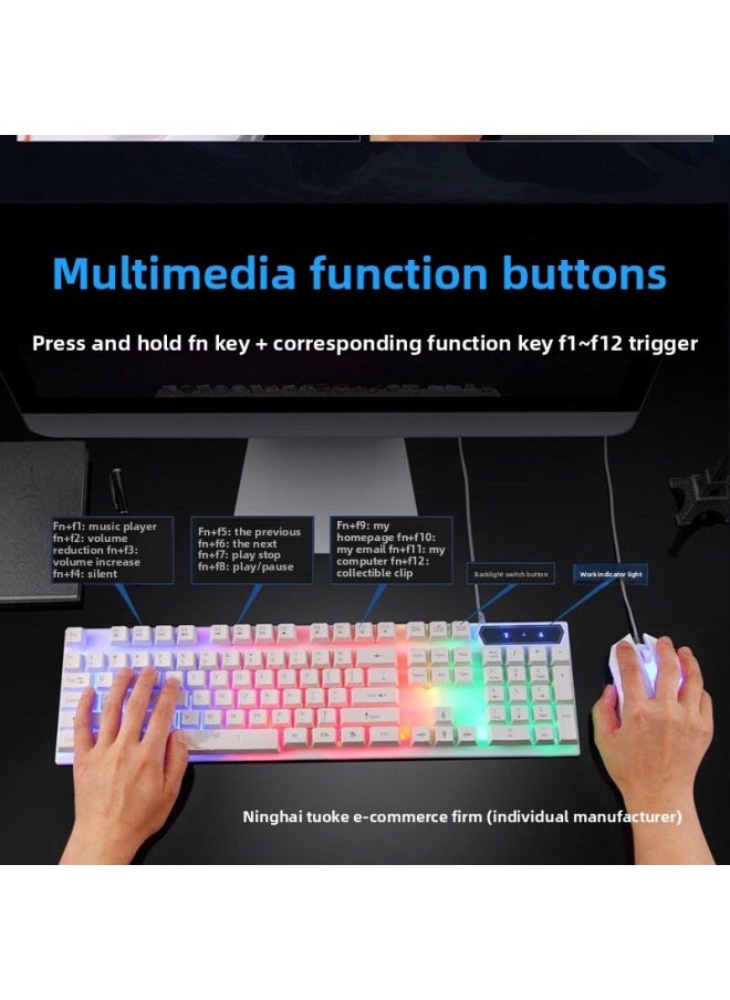 Generic - Mechanical Feel Keyboard Mouse Suit Wired Desktop Computer Notebook Game E-sports Typing Dedicated USB-Color:Mechanical Feel - 1 Year Warranty - White Colorful Rainbow - Single Keyboard - No - 104 Keys - Official Standard - Image 1