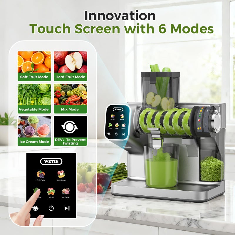 WETIE Cold Press Juicer, Powerful Juicer Machines with Adjustable Juicing Pressure, 99% High Juice Yield, Quiet Slow Masticating Juicer with Touch Screen, 3.54'' Feed Chute, Easy to Clean with Brush - Image 2