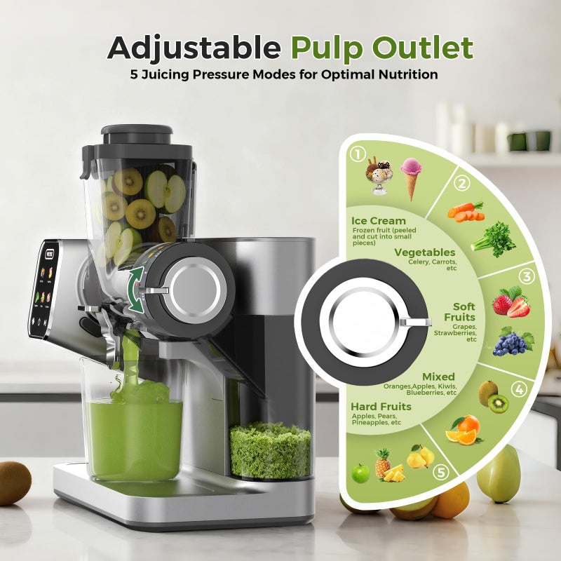 WETIE Cold Press Juicer, Powerful Juicer Machines with Adjustable Juicing Pressure, 99% High Juice Yield, Quiet Slow Masticating Juicer with Touch Screen, 3.54'' Feed Chute, Easy to Clean with Brush - Image 3