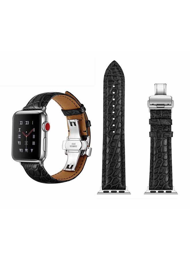 Perfii Genuine Alligator Leather Replacement Band for Apple Watch Series 1/2/3/4/5/6/SE 40/38mm Black/Silver - Image 1