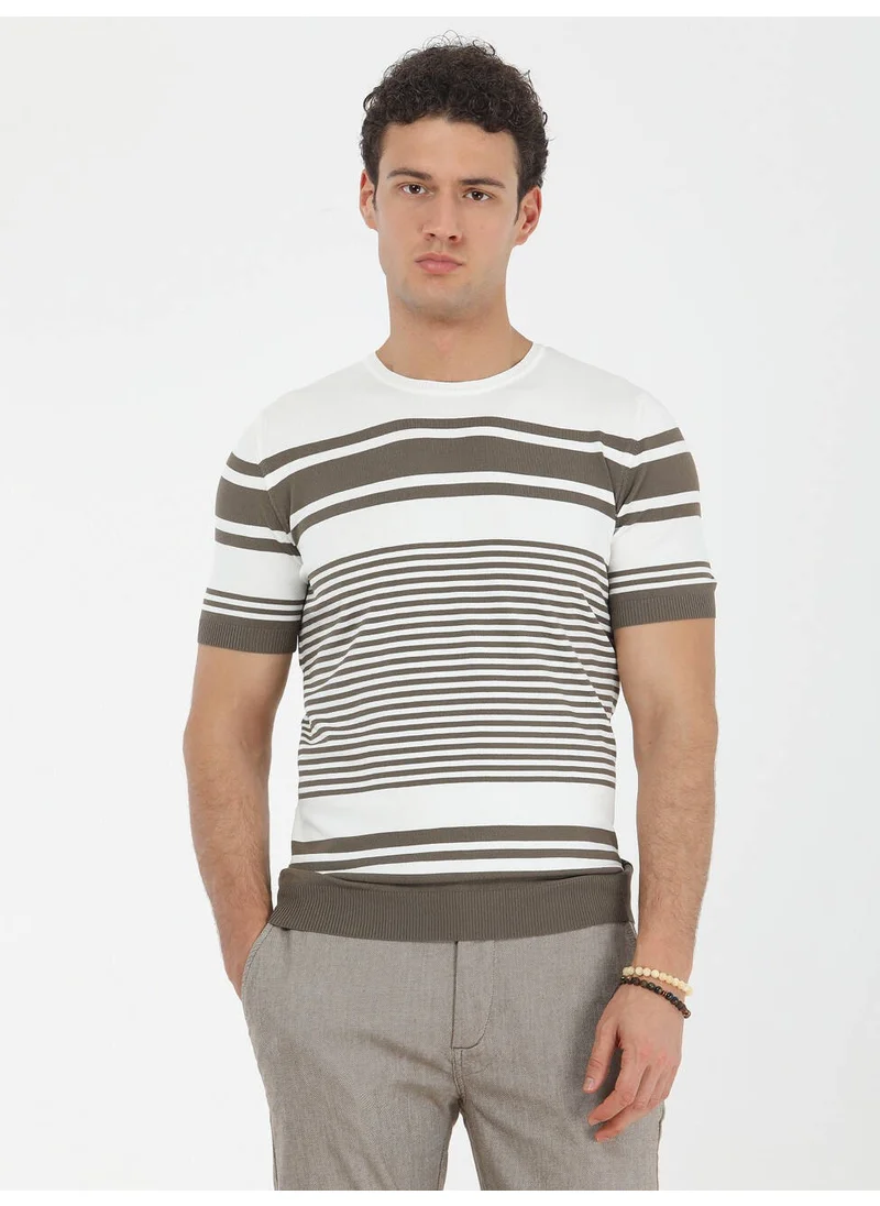 Kip Khaki Crew Neck Striped Sweater