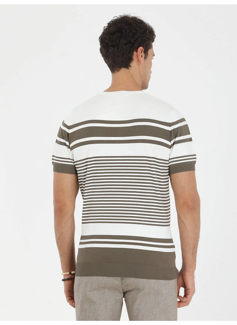 Kip Khaki Crew Neck Striped Sweater