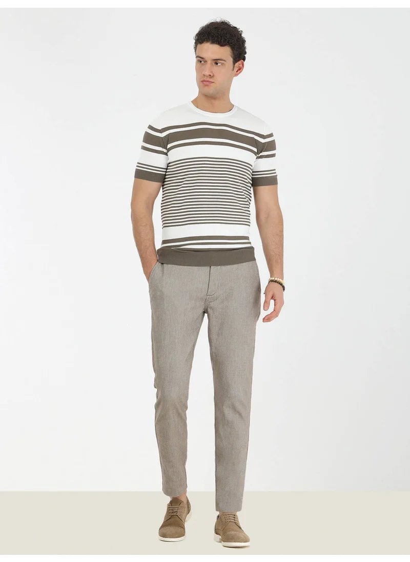 Kip Khaki Crew Neck Striped Sweater