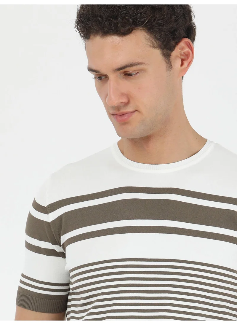 Kip Khaki Crew Neck Striped Sweater