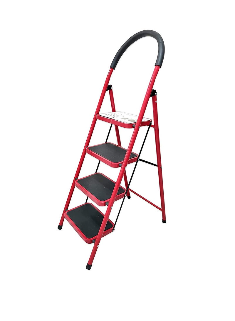 Showay 4 Step Ladder Folding Wide Step Steel Ladder 150kg Capacity, Multi Purpose Portable Step Stool for Home,Kitchen, Garden, Office, WarehouseRed, 4step ladder - Image 3