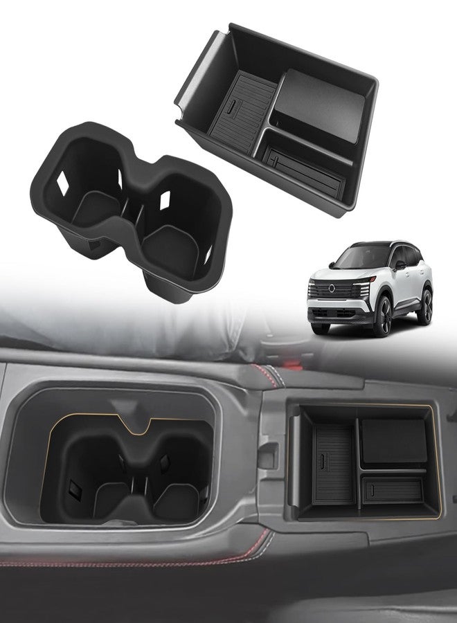 Muslogy Center Console Organizer & Cup Holder Insert 2PCS Set Compatible with 2025 Nissan Kicks Accessories Armrest Box Divider Storage Tray and Drink Stopper Non-Slip (Console Tray & CupHolder) - Image 1