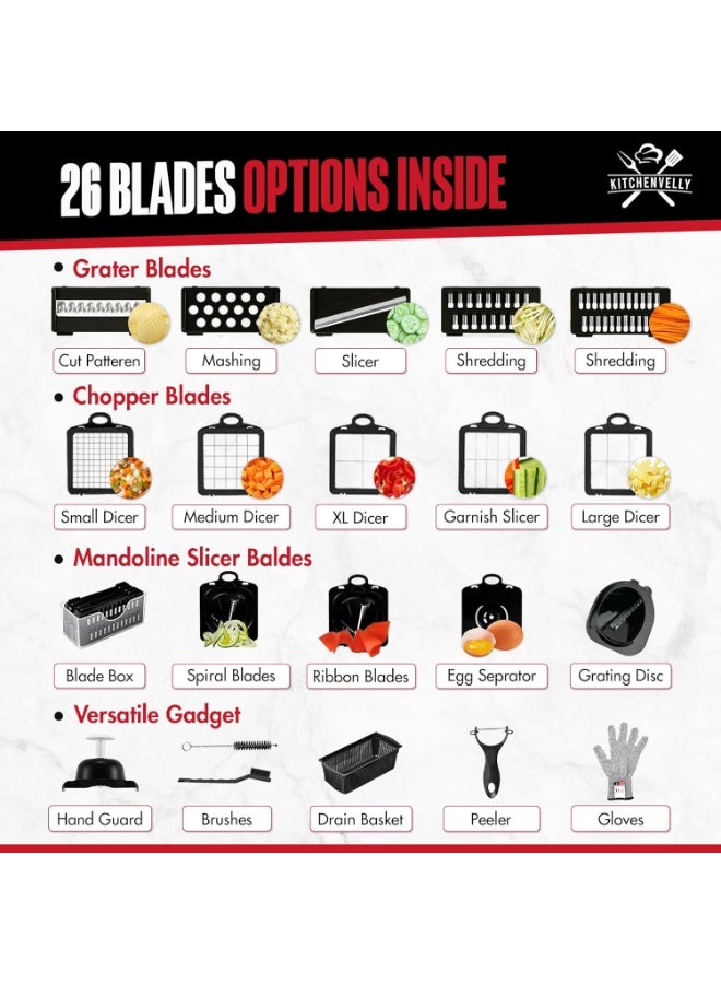يوقليف 26 في 1 قطاعة خضار مع 8 شفرات، قطاعة ومكعبات خضار، مفرمة طعام مع وعاء وغطاء، مفرمة بصل قطاعه الخضار، مفرمة سلطة، فرامة بصل أداة مطبخ متعددة الأغراض لتحضير وجبات سهلة - Image 4