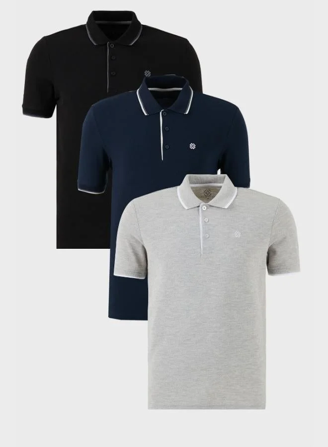 Buratti Buratti Cotton Slim Fit Stripe Detailed Buttoned Polo Collar 3-Pack T Shirt Men's T SHIRT 5902118S3