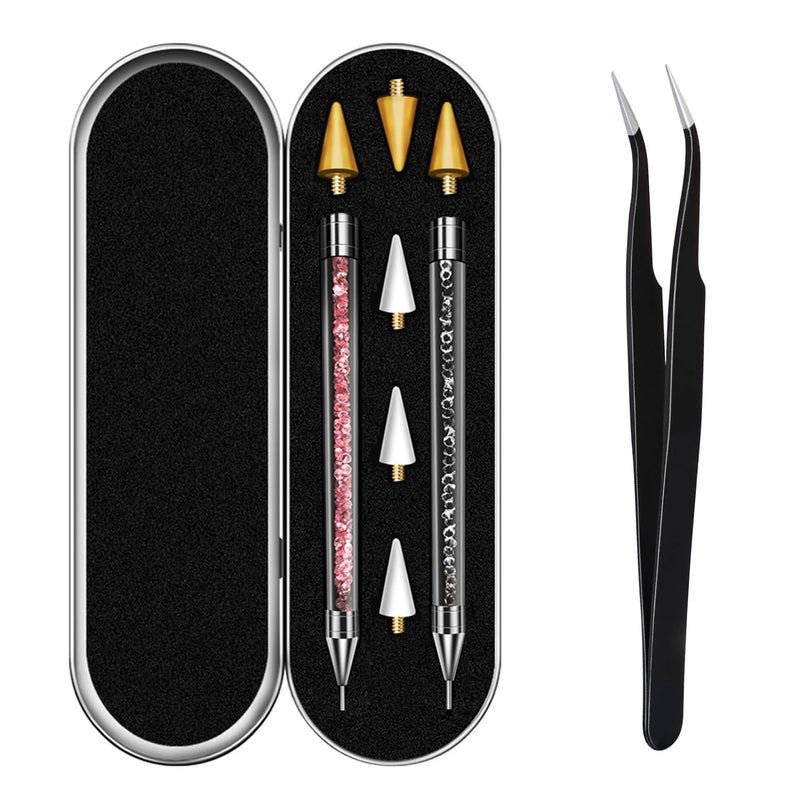Vikerer Rhinestone Picker Tool, Dual-ended Rhinestones Applicator Nail Art Design Tool, 2 Pack Acrylic Handle Nail Pen with 4 Extra Wax Tips and1 Tweezer - Image 3