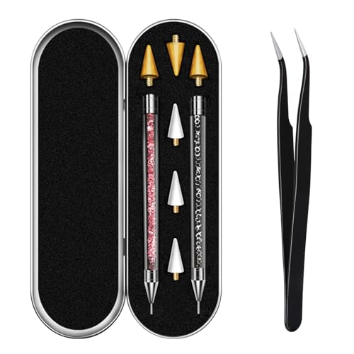 Vikerer Rhinestone Picker Tool, Dual-ended Rhinestones Applicator Nail Art Design Tool, 2 Pack Acrylic Handle Nail Pen with 4 Extra Wax Tips and1 Tweezer - Image 1